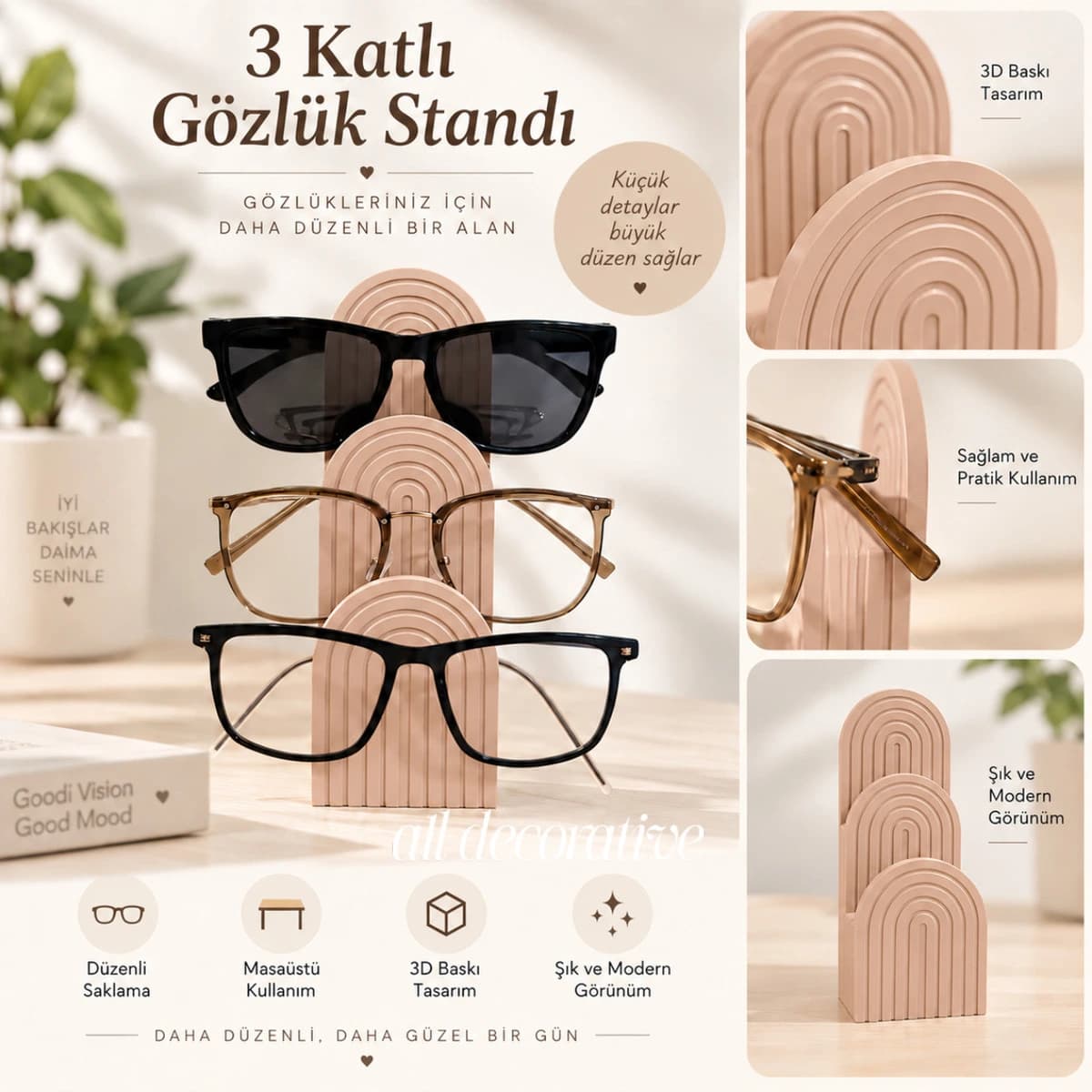 3 Katlı Gözlük Standı dekorasyon ve tasarım ürünü